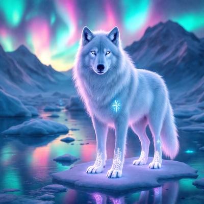 The primary subject of the image is a wolf, which is standing on a piece of ice in a snowy environment. The wolf appears to be glowing, possibly due to the lighting or the digital art style used in the image. The setting includes a mountain in the background, adding to the wintry atmosphere. The visual style of the image is digital art, which gives it a unique and eye-catching appearance. The dominant colors in the image are white and blue, which are associated with snow and ice, creating a